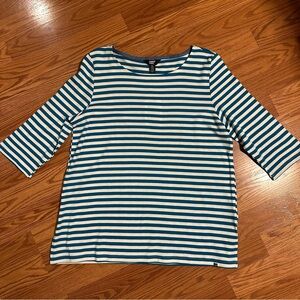 Lands End Striped Teal Blue and White Pima Cotton 3/4 Sleeve Top size XL